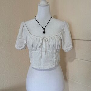 Urban Romantics Peasant Crop Top Womens M White Floral Jacquard Puff Sleeve Y2K